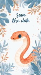 Fototapeta premium A cute little snake with a yellow head and orange body is on a white background