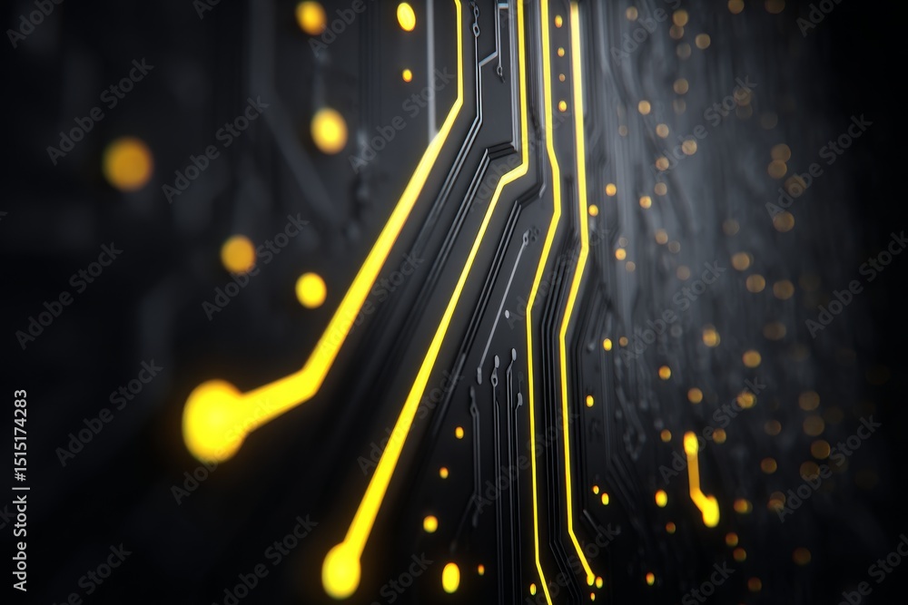 Aufkleber abstract circuit board technology - close-up of a futuristic circuit board with glowing yellow lines