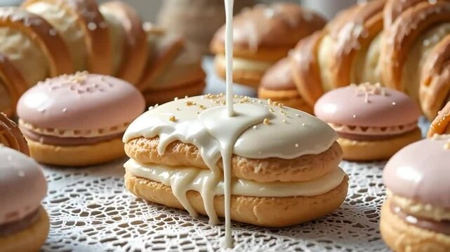 Close up of assorted pastries including croissants and macarons on a lace doily surface