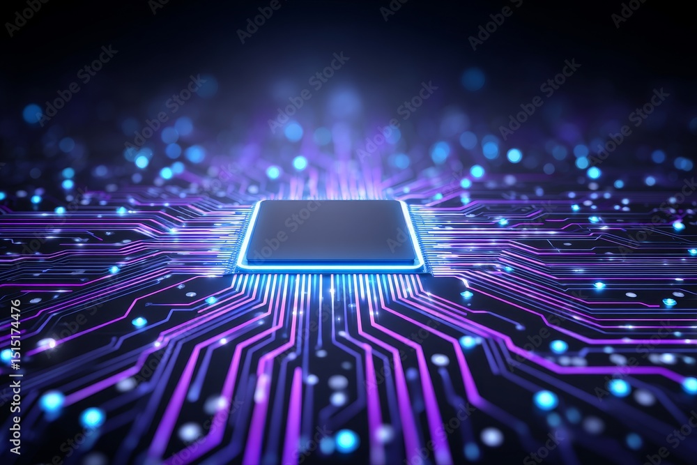 Poster advanced microchip technology - close-up view of a futuristic microchip, showcasing intricate circui