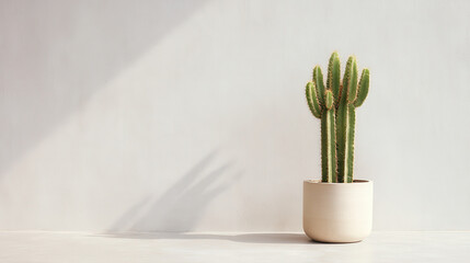 single tall cactus in large decorative pot positioned against clean light wall bathed in ultrabright natural light