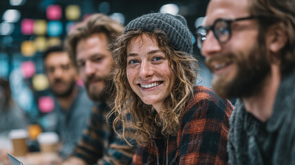 A group of young, diverse creative professionals collaborate energetically in a colorful startup office. Generative AI