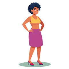 Confident Afro-haired Woman Standing with Hands on Hips – Modern Flat Vector Illustration on Transparent Background