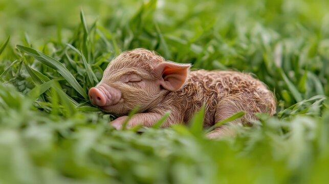 A peaceful piglet naps in the grass.