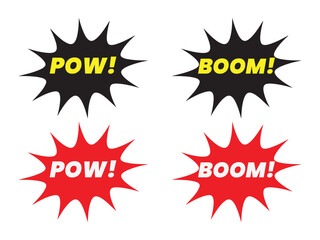 Four comic book explosion sound effects, red and black.