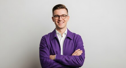 A confident young man, radiates positivity and charm in a professional portrait, captured in a photorealistic studio setting.