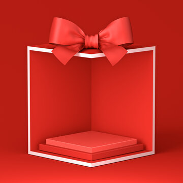 Blank red squares podium pedestals in exhibition booth gift box corner product display mockup showcase stand with red ribbon bow isolated on dark red background creative conceptual idea 3D rendering