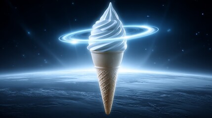 Cosmic Cone: A Contemporary Minimal Collage - A surreal symbolizing dreams, wonder, coldness, sweetness, and the vastness of space. A soft-serve ice cream cone floats amidst the cosmos