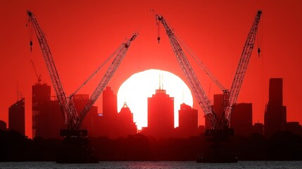 Obraz premium Crimson Sunset Over City Construction - Silhouetted cranes against a vibrant crimson sunset, symbolizing progress, industry, ambition, the passage of time, and urban development