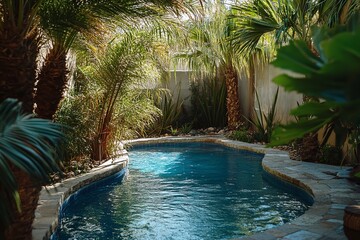 Obraz premium Small Backyard Pool in Desert Oasis Setting with Palm Trees, Natural Stone, Rocks, Blue Water, and Lush Greenery Surrounding