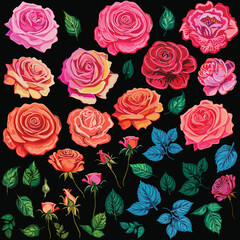 large group of red rose flowers with leaves isolated on black