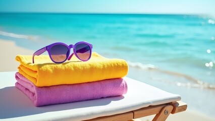 glasses and towels on a beach,summer vibes