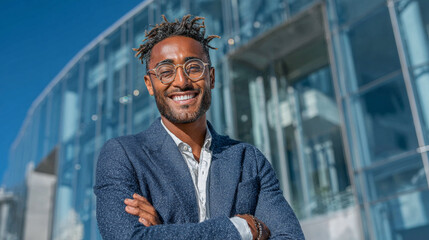 A confident young male entrepreneur stands proudly with arms crossed in front of a sleek glass office building. Generative AI