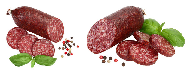 Smoked sausage salami with slices isolated on white background with  full depth of field. Top view....