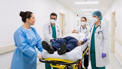 Doctors and nurses wearing face masks are pushing a stretcher carrying a patient along a hospital corridor, demonstrating teamwork and urgent care