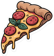 pizza slice vector stiker style
Cartoon Pepperoni Pizza Slice with Cheese and Basil Food Sticker Vector