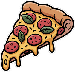 Fototapeta premium pizza slice vector stiker style Cartoon Pepperoni Pizza Slice with Cheese and Basil Food Sticker Vector
