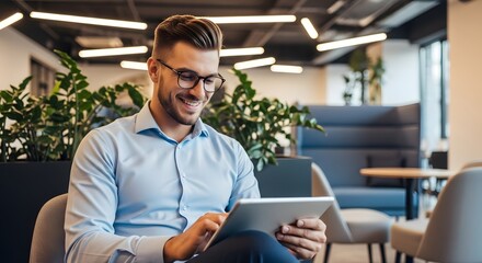 A modern professional focuses intently on his tablet in a contemporary office, radiating confidence and engagement.