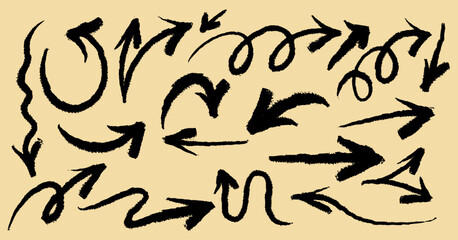 Set of black chalk arrows. Grunge hand drawn charcoal symbols for hand drawn diagrams. Freehand different curved arrows, swirls, crosses, check marks. Template vector doodle marker drawing on yellow.