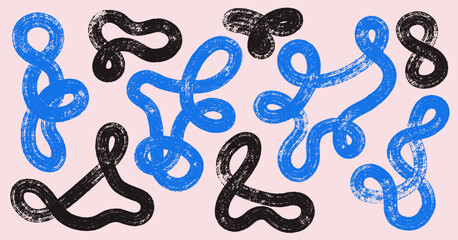 Set of black and blue paint swirl line vector. Template abstract wallpaper design, trendy textile print. Wavy and curly lines, round shapes, dry brush stroke. Vector wavy and swirled brush strokes.