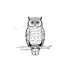Obraz premium Wise Owl on Branch: A striking monochrome line art illustration of an owl perched on a branch, showcasing its detailed feathers and intense gaze.