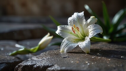 Pure White Lilies with Morning Dew, on Stone Floor, Easter Lily