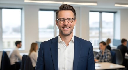 A portrait of a confident professional, exuding a captivating smile within a contemporary office environment. Perfect for corporate communication and modern business themes.