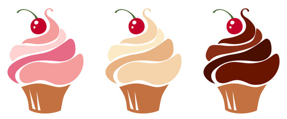 Cupcakes. Pink, vanilla, and chocolate cupcakes isolated on a white background. Set of vector illustrations