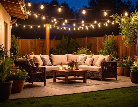 backyard patio with comfortable furniture and string lights at night