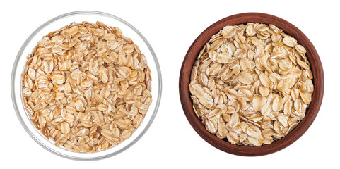 Oat flakes in glass bowl isolated on white background with full depth of field. Top view. Flat lay