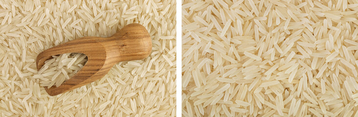 rice basmati in wooden scoop as a background. Top view. Flat lay