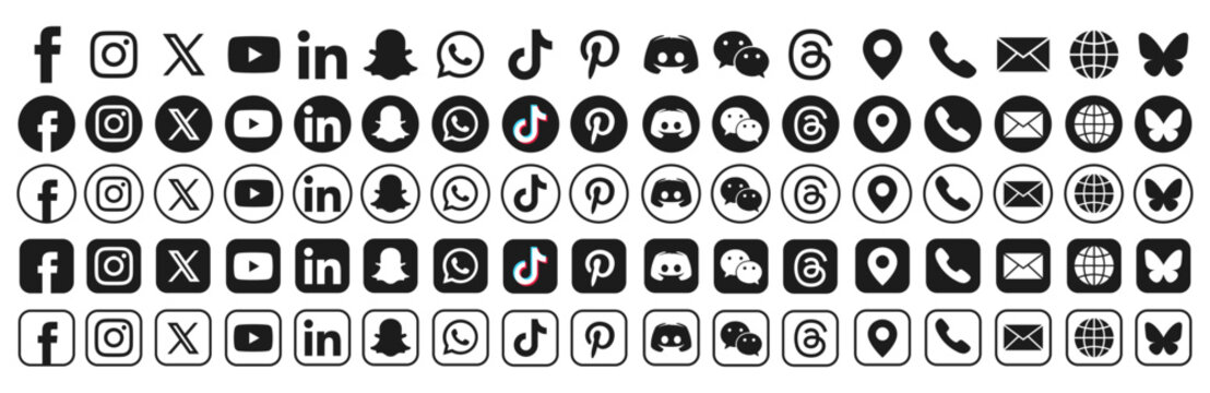 New 2025 social media network black set and contact icons: Location pin, Phone, Email, Website. Facebook, Instagram, X, Youtube, Whatsapp, Tiktok