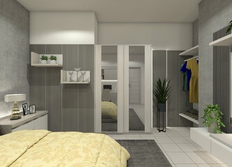 3D design for a bedroom wardrobe and desk.