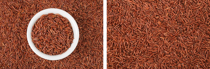 red rice in a ceramic bowl as a background. Top view. Flat lay