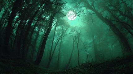 Real photo, a creepy and eerie old forest drenched in green moonlight, horror aesthetic, Horror movie, shadowy, photographic, present day, scary horror, .