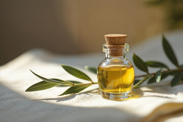 Natural anointing holy oil in a clear glass bottle with olive branch under soft sunlight
