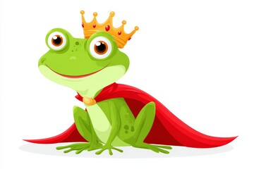 Obraz premium Regal Frog in Royal Attire - A charming cartoon frog, adorned in a red cape and golden crown, sits majestically