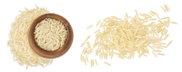 rice basmati in a wooden bowl isolated on white background. Top view. Flat lay