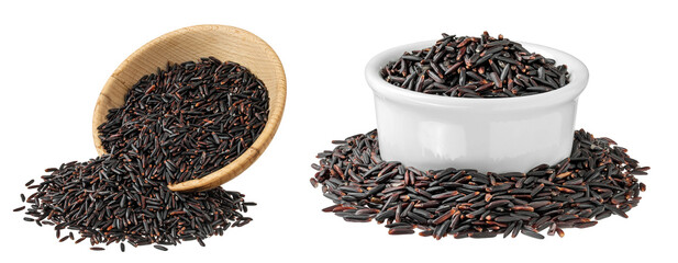 Black rice in wooden bowl isolated on white background with full depth of field