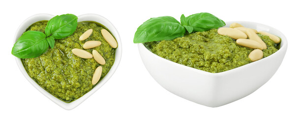 Pesto sauce in ceramic bowl isolated on white background. Top view. Flat lay.