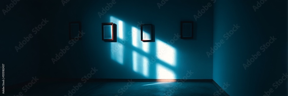 Poster sunlit gallery room - sunlight streams into a dark room, illuminating empty picture frames on a teal