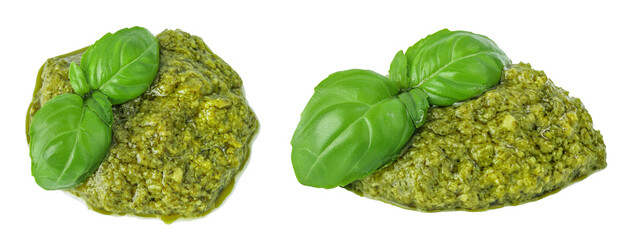 Pesto sauce isolated on white background. Top view. Flat lay