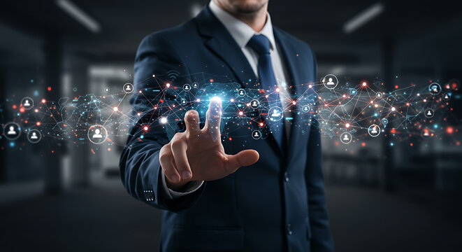 Businessman interacting with a network of digital connections.