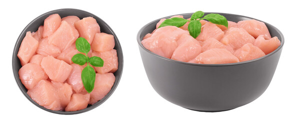 Raw diced chicken fillet in ceramic bowl isolated on white background. Top view. Flat lay