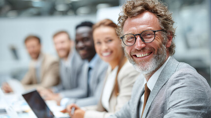A diverse group of professional businesspeople in formal attire gather around a sleek conference table, actively engaged in a productive meeting. Generative AI