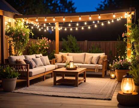 backyard patio with comfortable furniture and string lights at night - Powered by Adobe