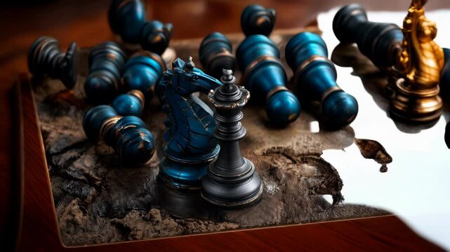 Elegant teal and black chess pieces scattered on a rough surface, game in play, knight and king in focus, strategic battle of wits and intelligence