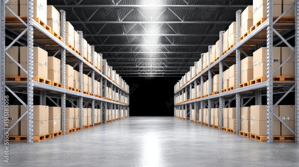 Poster warehouse inventory storage facility - rows of neatly stacked cardboard boxes fill a large warehouse