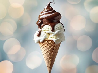 Swirled soft-serve ice cream in a waffle cone, topped with glossy chocolate syrup. The ice cream features creamy white and light beige tones, creating an appealing contrast.
