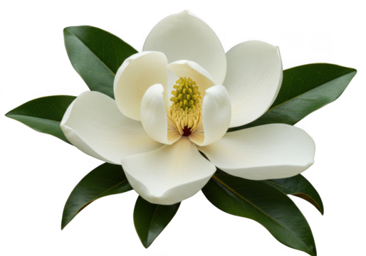 Beautiful magnolia flower with leaves isolated on transparent background